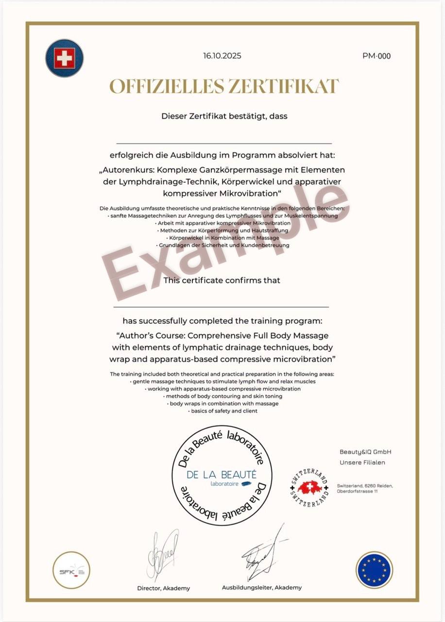 De La Beaute Massage Training certificate